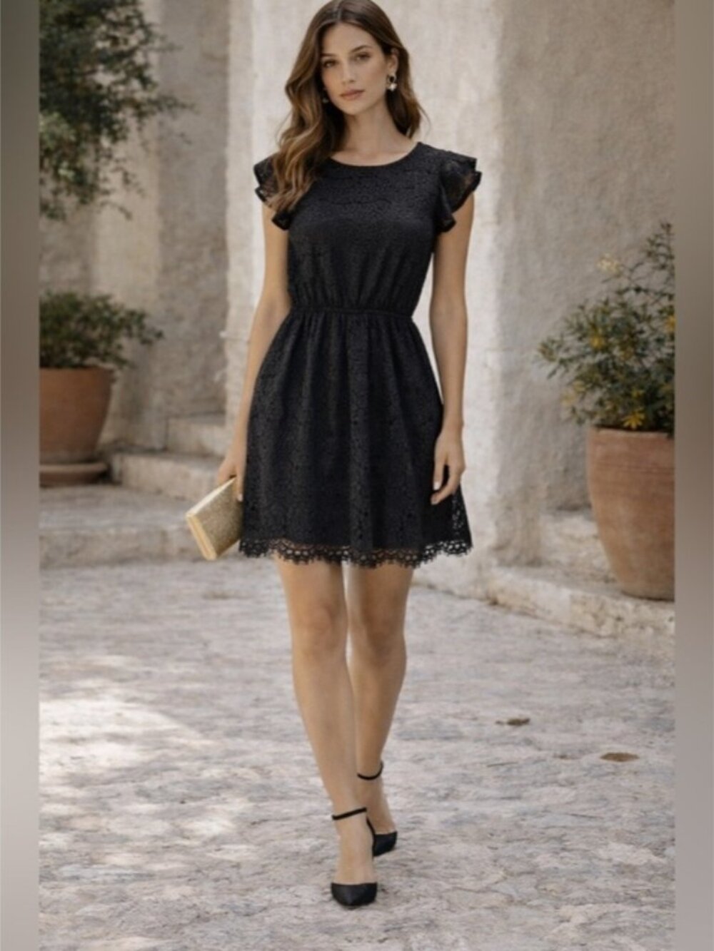 Monteau Black Lace mini Fit and Flare Flutter Sleeve Keyhole Back Size M Classic